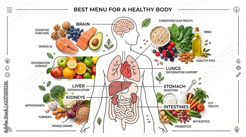 Human body diagram with healthy food for wellness and nutrition education