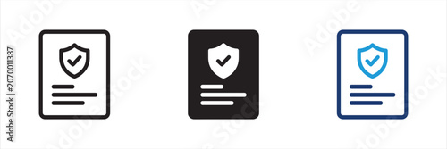 Insurance policy document icons set with shield security checkmark symbol representing safety data protection contract compliance and legal guarantee