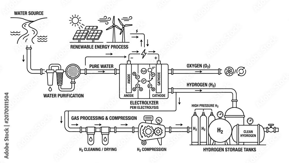 Obraz premium Hydrogen production process flow diagram.