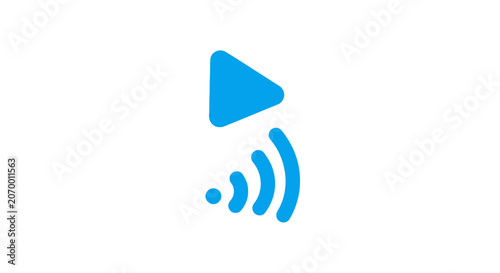 A blue play button icon with wireless signal waves on a white background