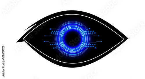 A futuristic digital eye icon with glowing blue light technology elements