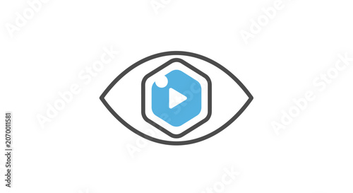 A minimalist graphic icon of an eye containing a digital play button symbol