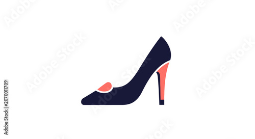A simple flat illustration of a dark blue high heel shoe on a white background