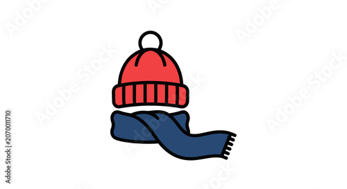 A red winter hat and a blue scarf are displayed on a plain white background