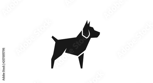 A minimalist black silhouette of a standing dog on a white background