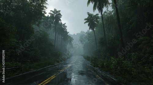 A misty, rainy road winds through a lush, tropical forest with palm trees lining the sides, creating a serene and atmospheric journey
