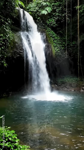 Multi-tiered forest waterfall surrounded by lush green ferns.