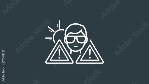 Line icon of a person wearing sunglasses with sun and warning triangle hazard symbols