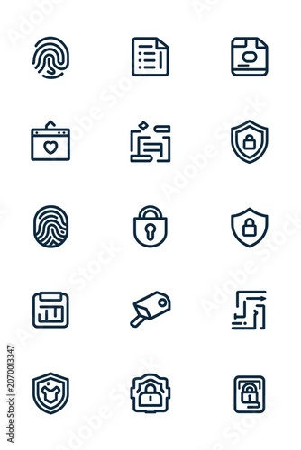 Minimalist cyber security line icons set, 15 dark blue outline symbols for data protection, digital privacy and biometric safety interface design
