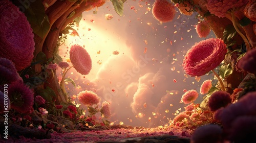Surreal miniature world with floating red blood cells and glowing flora bathed in warm sunlight