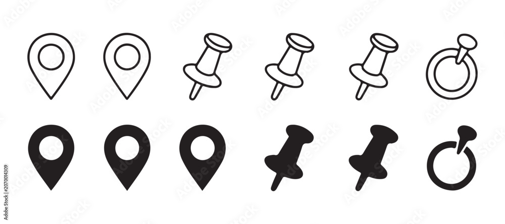 Fototapeta premium Set of location pin icons and thumbtacks isolated on transparent background line art and solid fill map markers.