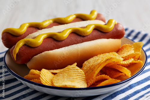 Homemade Hot Dog with Potato Chips on a Plate, low angle view. Close-up.