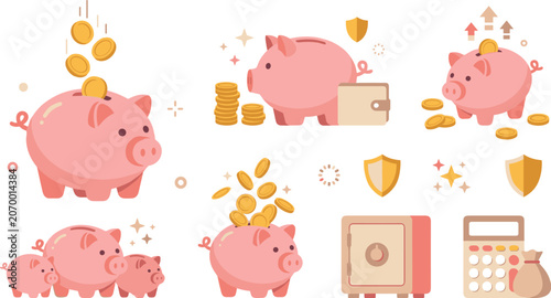 Piggy bank savings collection with coins wallet safe calculator and financial security investment illustrations