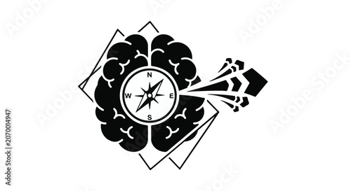 Brain icon featuring a compass needle guides strategic thinking and mental focus.