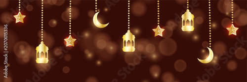 Ramadan Kareem Arabic Luxury background. Islamic celebration greeting card banner with crescent, golden lantern, glitter particles