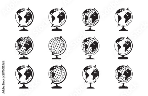 Tableau sur toile Set of twelve desktop globe icons displaying various map projections and Earth continents for education