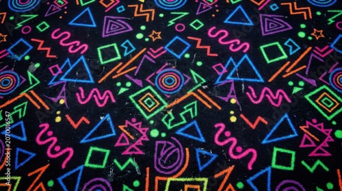 Retro 90s Neon Geometric Carpet Pattern with Vibrant Shapes for Nostalgic Arcade and Bowling Alley Themed Graphic Design Backgrounds and Digital Textures