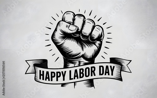 A raised fist with a banner reads Happy Labor Day in celebration