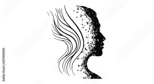 Profile silhouette of a woman merges with a complex network of digital data points.