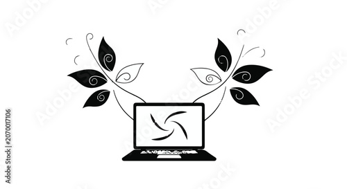 Laptop screen displays a digital symbol surrounded by organic floral patterns.
