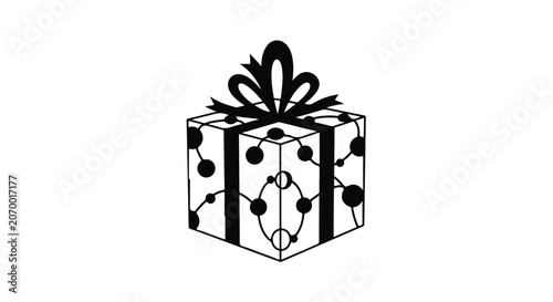 Gift box with a ribbon bow features a decorative pattern of connected nodes.