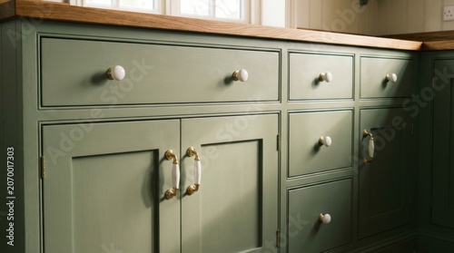 Close-up view of a stylish kitchen cabinet with drawers and doors, wooden countertop.