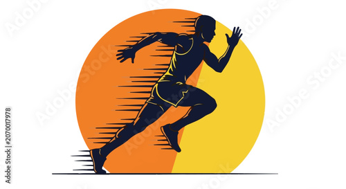 Runner sprints forward with dynamic speed lines against a bright circular background.