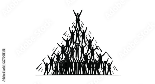 Business team members form a tall human pyramid to symbolize professional success.