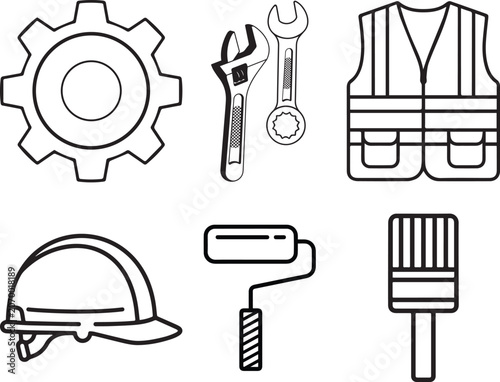 Fényképezés Construction Industrial work tools icon set, black silhouettes of different equi