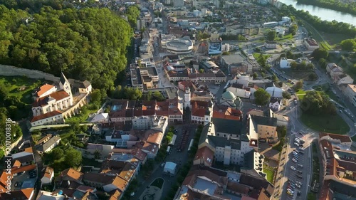 Aerial View of Trenčín City Center with Urban Landscape and Surrounding Hills