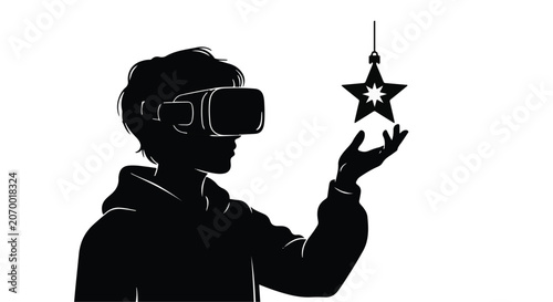Teenager wearing virtual reality goggles reaches out to touch a glowing star icon.