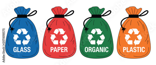 Fotografie Recycling bags with sorting symbols on fabric texture, eco friendly waste separa