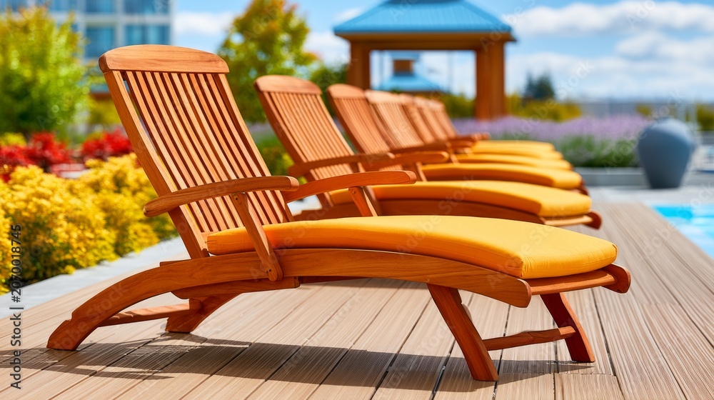 Fototapeta premium Empty Wooden Deckchairs on Luxury Spa Resort Garden by Poolside Area