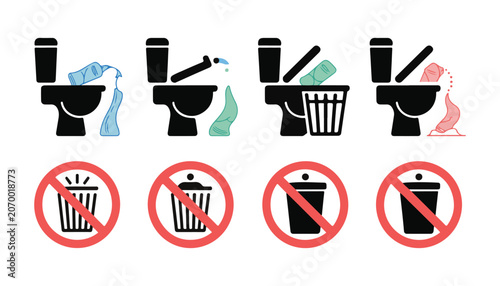 Photos Prohibited trash disposal in toilet and recycle bins icons set on transparent grid design background