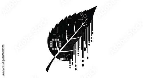 Leaf symbol merges with digital circuits to illustrate the nature of technology.