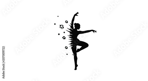Dancer silhouette performs a graceful artistic leap with magical particle effects.