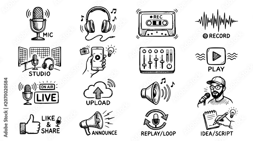 Fototapeta premium Hand drawn podcast content creator icons mic headphone record wave studio, black ink sketch vector illustration 