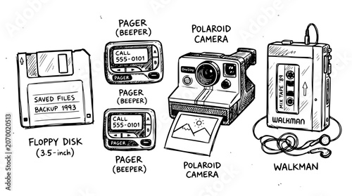 Hand drawn vintage retro technology icons floppy disk pager beeper polaroid walkman, black ink sketch vector illustration