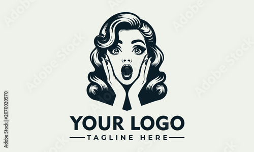 Tableau sur toile Surprised Woman Retro Style Portrait Vector Logo Illustration Design Template