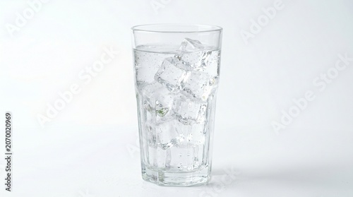 Glass of water with ice cubes in bright studio lighting on a clean white background for refreshment advertising.