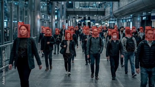 People walking in an indoor public space with facial recognition boxes overlaying their faces, some wearing face masks.