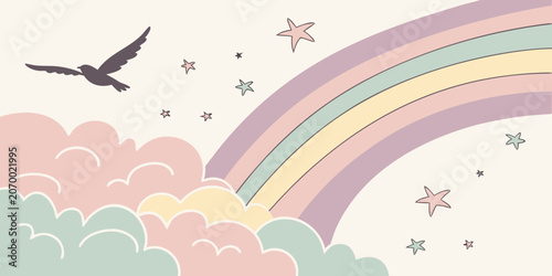 Pastel whimsical sky illustration featuring a rainbow clouds and flying bird whimsical illustration creative childlike decoration wallpaper backdrop colorful atmosphere aesthetic minimalist