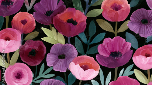 Colorful watercolor floral composition with vivid blossom and lush foliage on black background. Hand painted botanical design with artistic elegance and timeless appeal.
