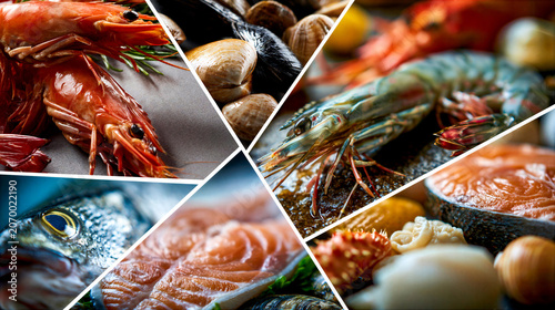 montage of different varieties fish and shellfish in a grid formation separated by a white key line creating a dynamic layout