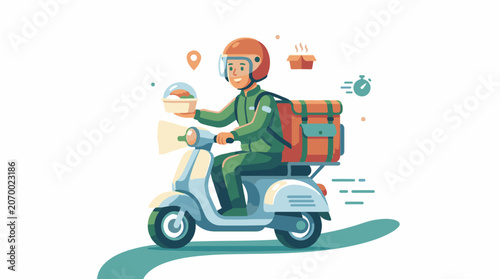 A delivery person rides a scooter with food and bags