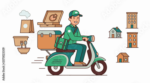 A delivery person rides a scooter with food bags and a pizza