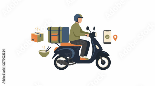 A delivery person rides a scooter with food and packages