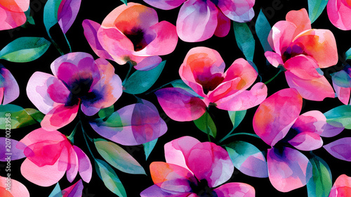 Vibrant watercolor floral pattern with colorful blossom and leafy detail on dark background. Elegant botanical artwork with romantic charm and hand painted style.