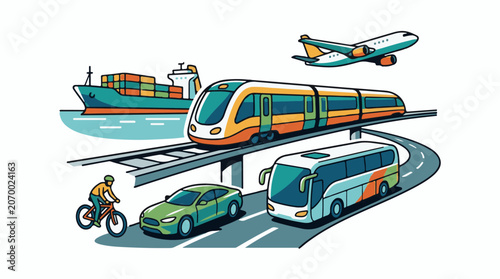 A colorful transportation scene featuring various modes of transport