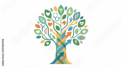 A colorful tree with a multicolored trunk and branches adorned with various medical symbols on leaves